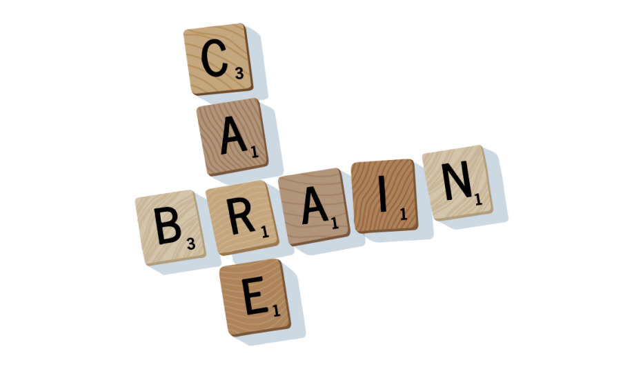 Scrabble tiles forming the words "CARE" and "BRAIN"