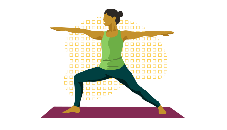 A woman in a warrior yoga pose clad in a green top