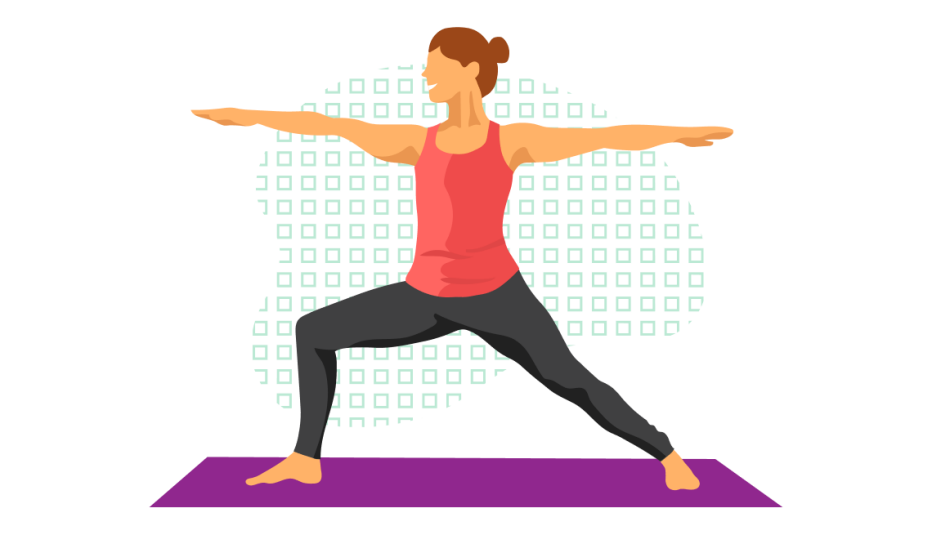 A woman clad in a red top doing a warrior yoga pose