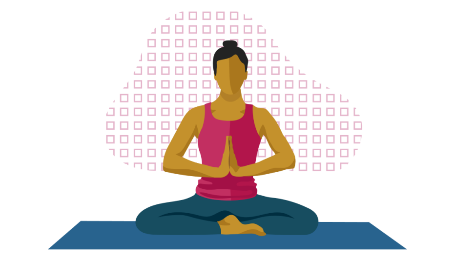 A woman in a sukhasana cross-legged yoga pose clad in a pink top