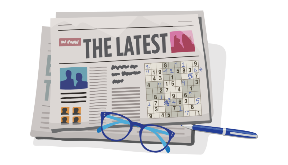 A partially completed sudoku game in a newspaper with a pair of glasses and a pen beside it