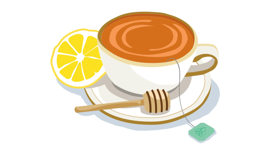 A cup of tea with honey and a lemon beside it