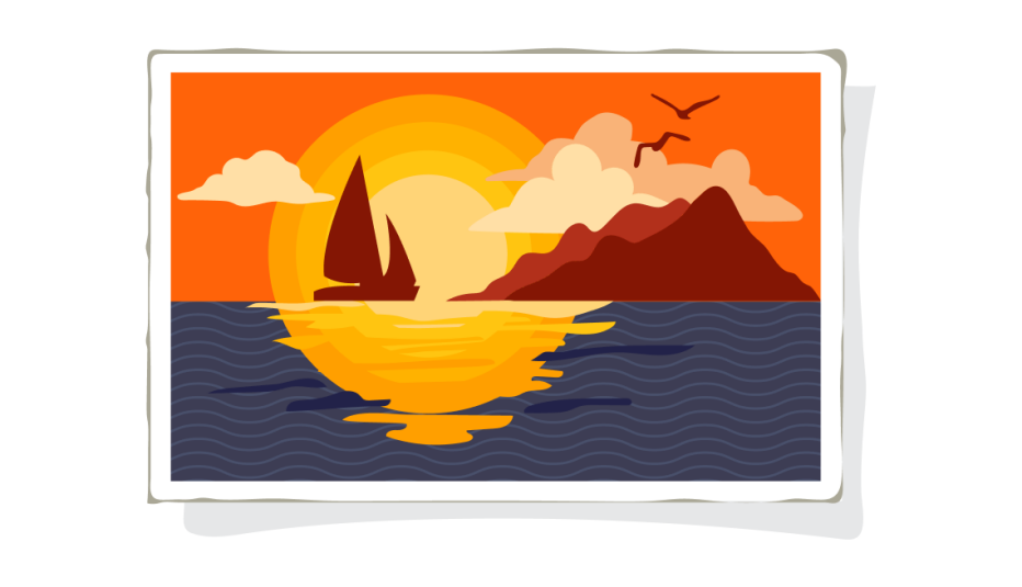 A postcard of a sunset over the ocean with a sailboat and island in the background