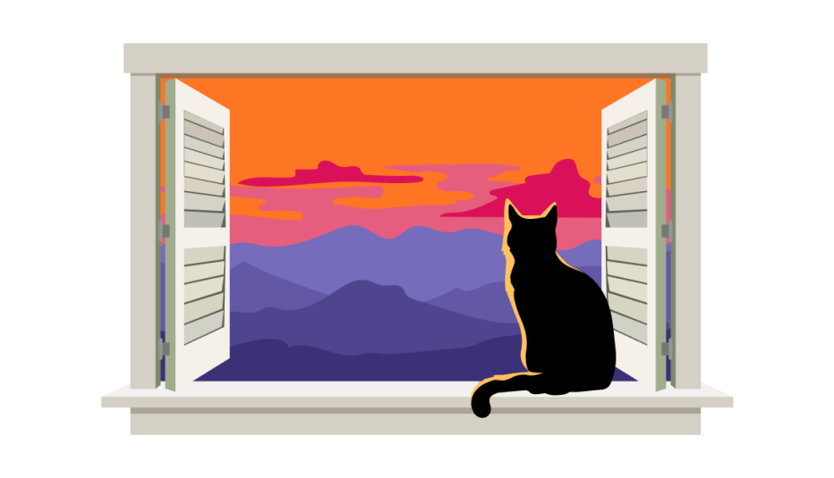 A cat on a windowsill looking out at mountains at sunset