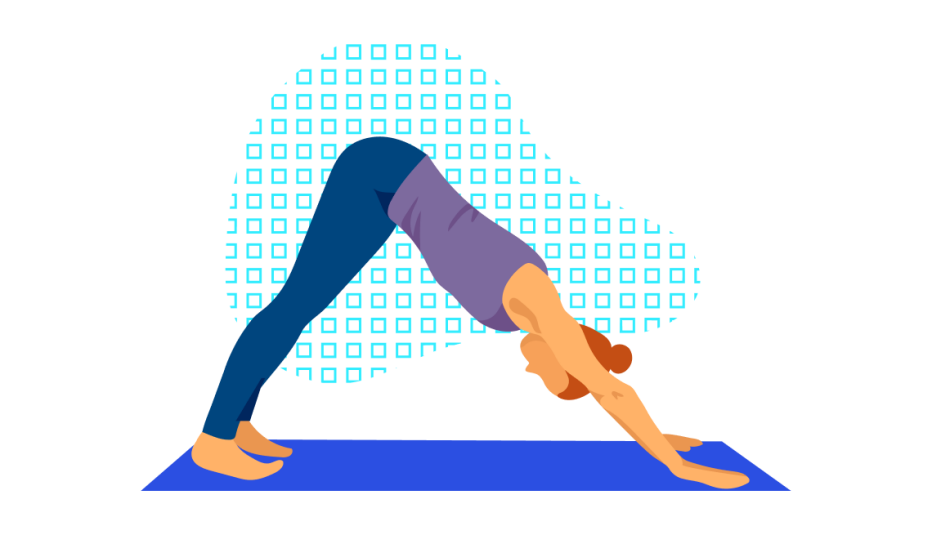 A woman in a downward-facing dog yoga pose clad in a purple top