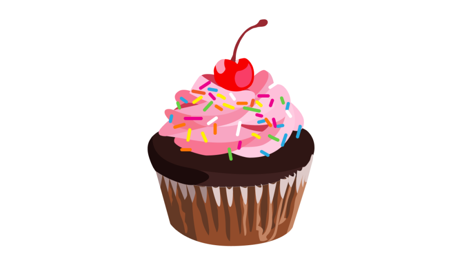 A chocolate cupcake with pink icing, sprinkles and cherry