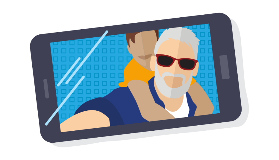 A selfie photo of a man and a child around his neck on the screen of a smartphone