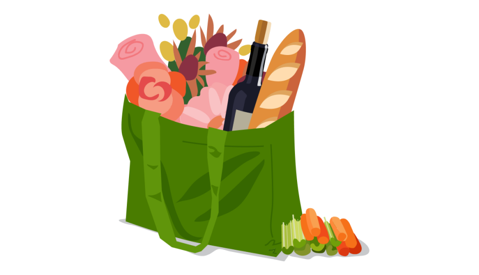 Groceries in a green reusable shopping bag