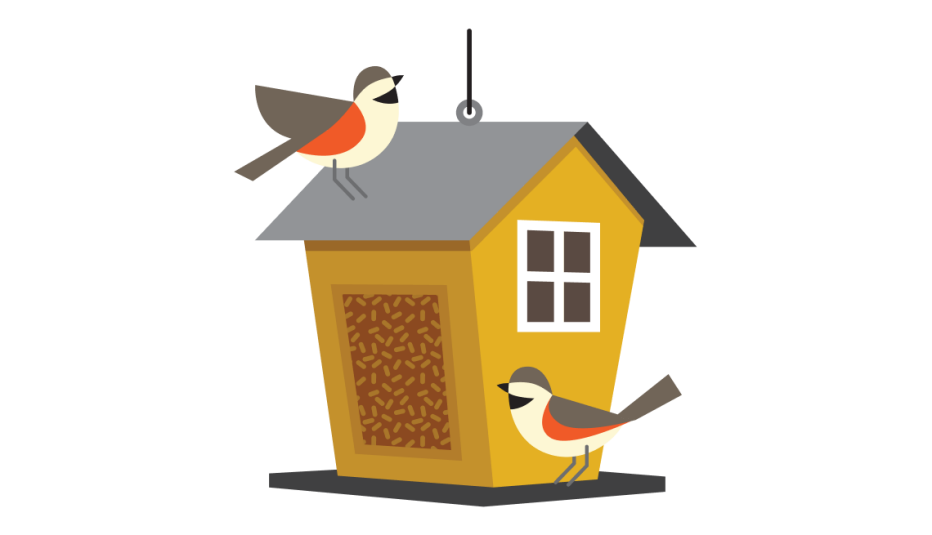 A mustard-colored birdhouse with a window and two birds