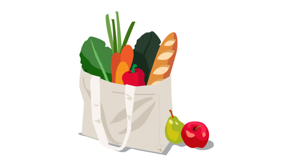 White canvas tote bag with baguette and vegetables inside and apple and pear next to it