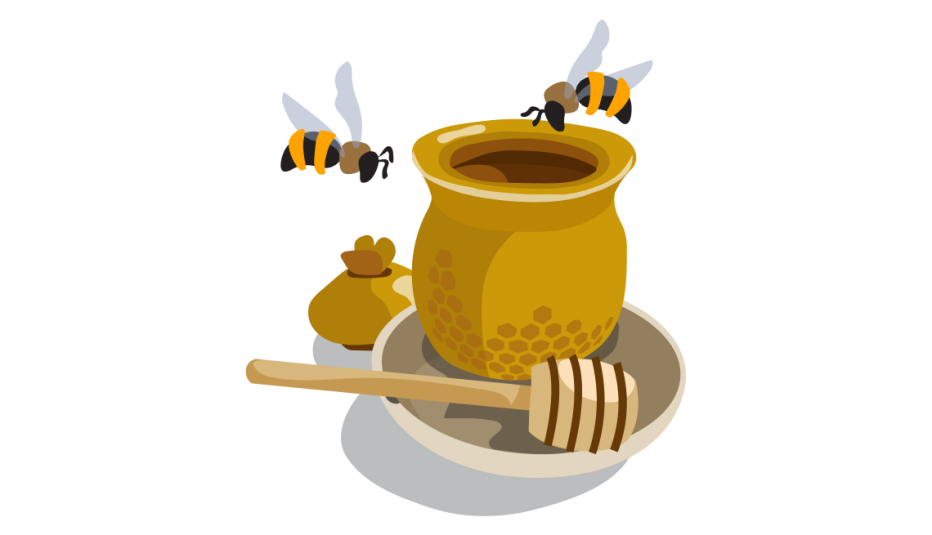 A honey pot with a honey dipper and two bees flying beside it