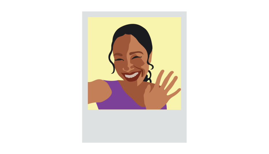 A photo of a smiling woman waving