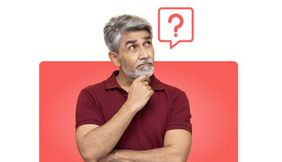 A man with a hand on his chin and a question mark bubble by his head