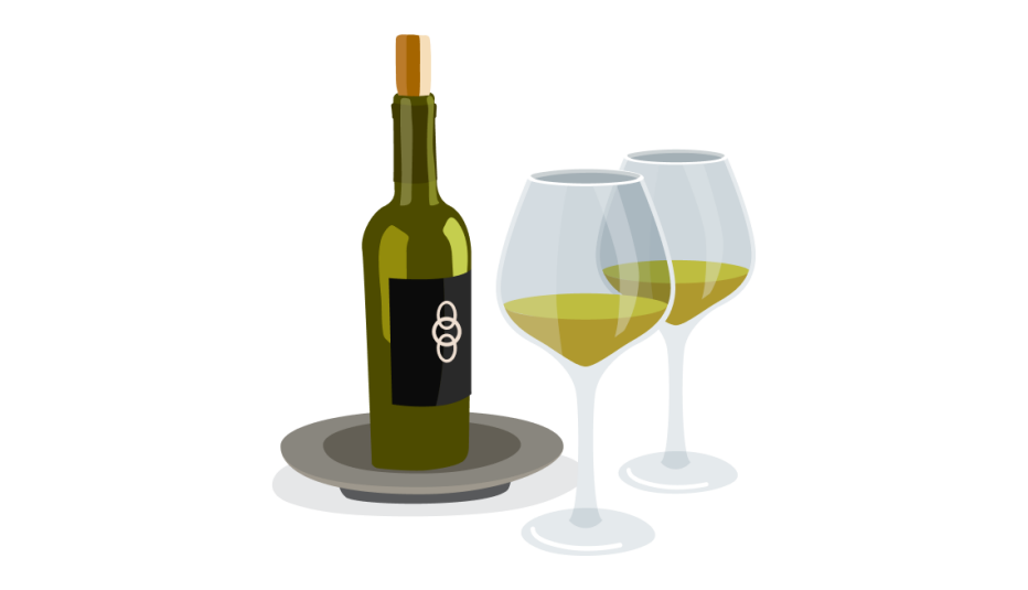 A bottle of white wine and two long stemmed wine glasses