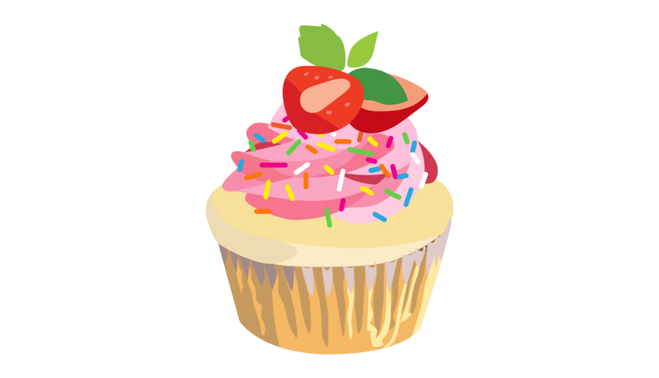 A vanilla cupcake with pink icing, sprinkles and strawberry