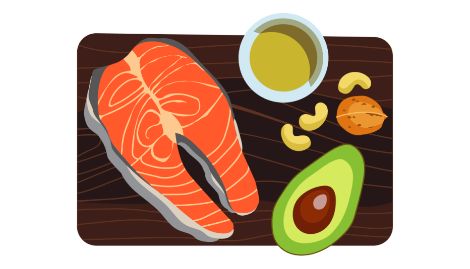 A cutting board with salmon, avocado and some nuts