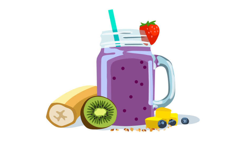 A purple fruit smoothie with a banana, kiwi and berries on the side