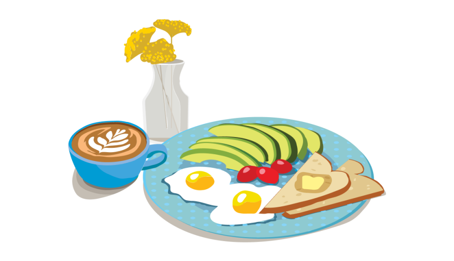 Healthy breakfast with eggs, avocado, tomatoes, toast and a latte