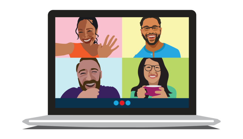 Online meeting with four people visible on a laptop screen