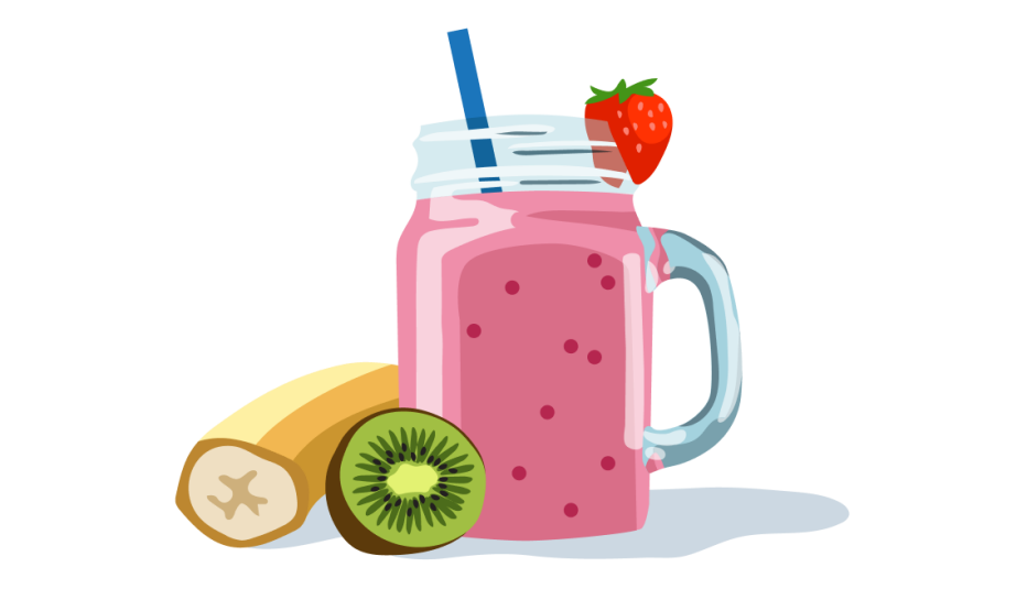 A pink fruit smoothie with a banana, kiwi and a strawberry on the side