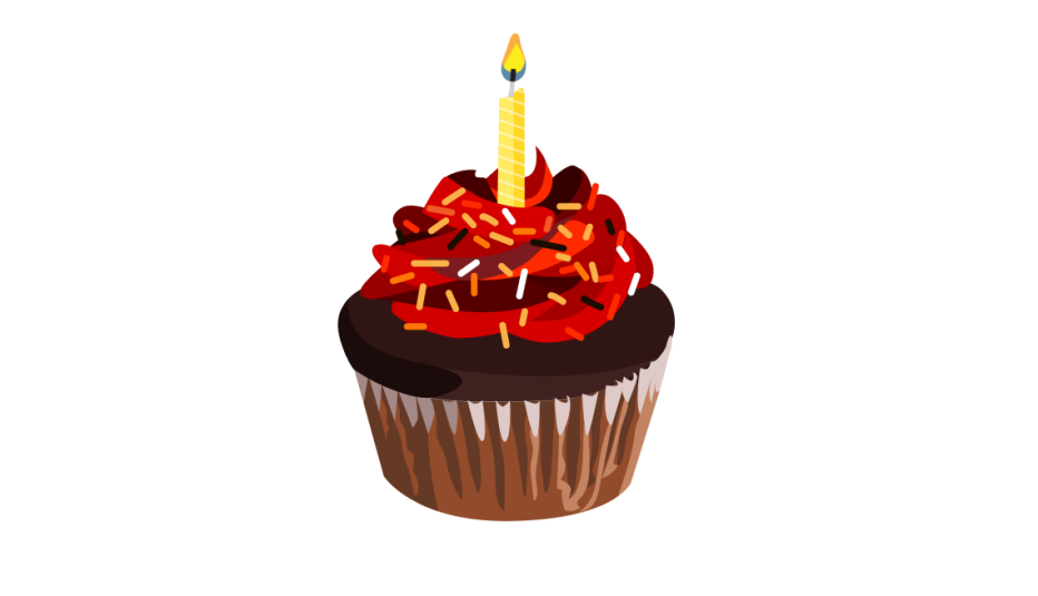 A chocolate cupcake with red icing, sprinkles and a candle