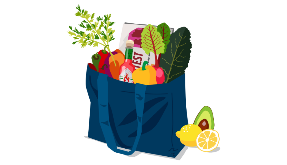 Groceries in a blue reusable shopping bag