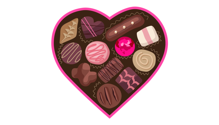 Chocolate candies in heart-shaped pink and brown box