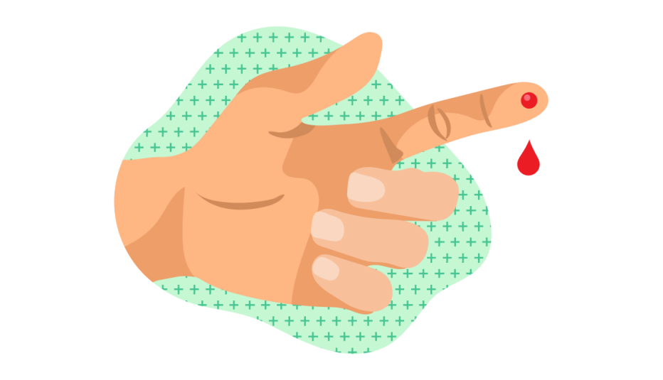 A hand with the index finger having been pricked and a drop of blood is falling