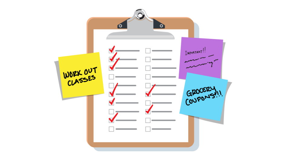 A clipboard with a checklist and three sticky notes