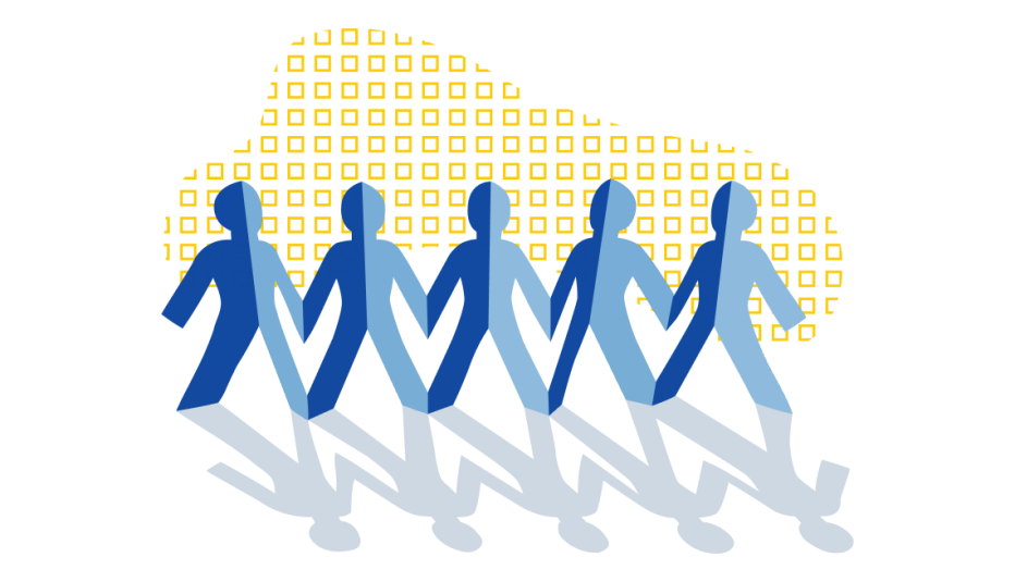 Five paper dolls standing side by side