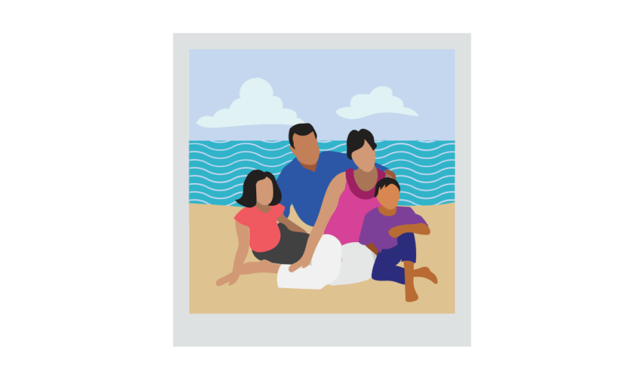 A photo of a family of four on a beach