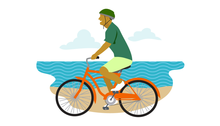 A man riding on an orange bicycle by the beach