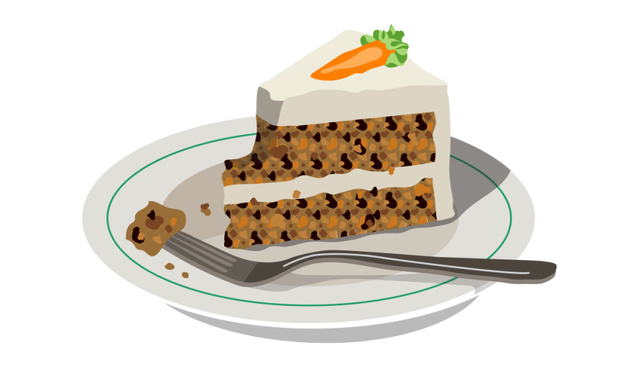 A carrot cake on a plate with a fork