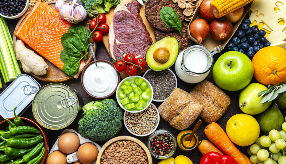 A wide variety of different foods that could make up a Mediterranean diet