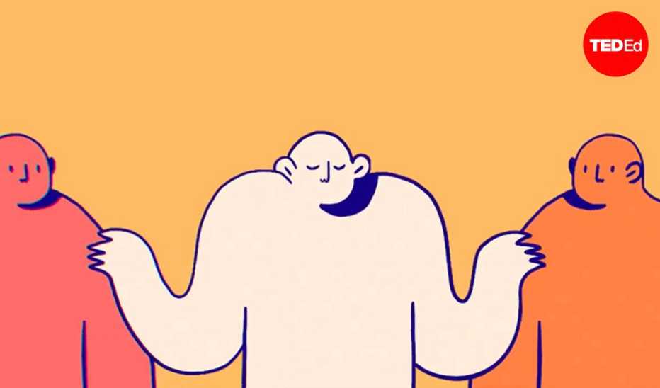 An illustration of three beings on an orange background