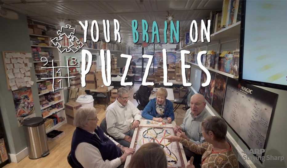 People working on puzzles with "Your Brain on Puzzles" text
