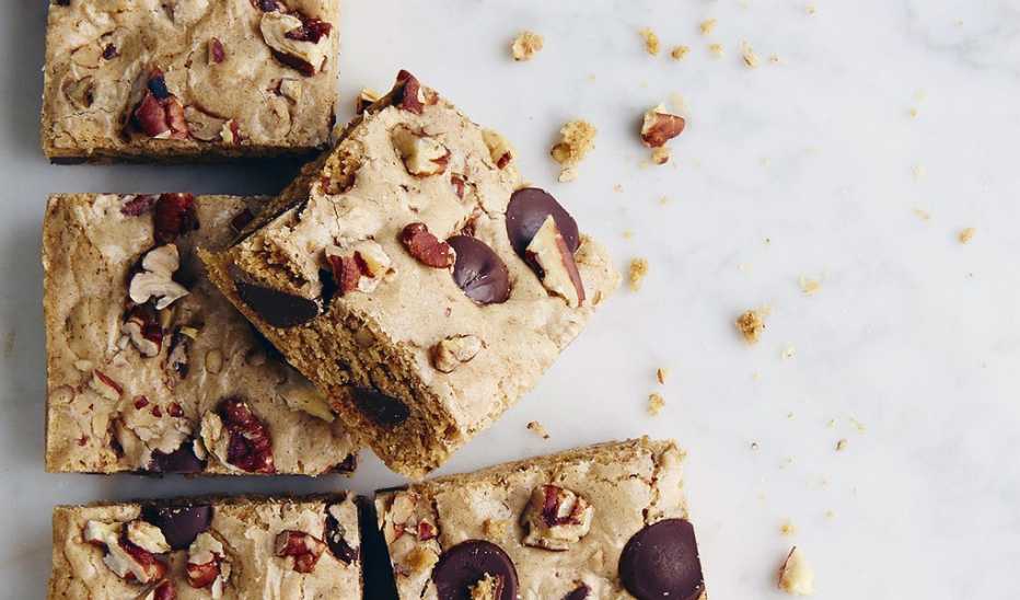 A close-up view of pecan-chocolate chip blondies