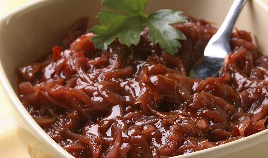 A close-up view of spicy onion jam
