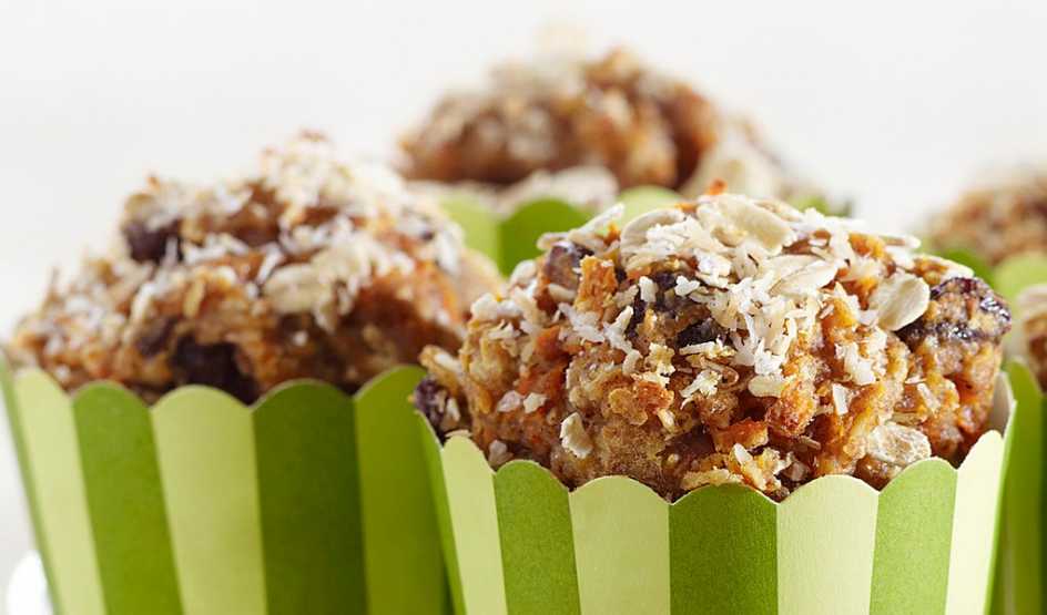 A close-up view of coconut-carrot morning glory muffins