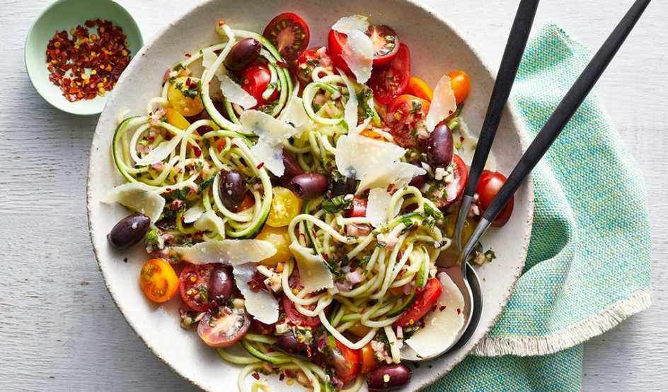 Zucchini noodle "pasta" salad A close-up view of zucchini noodle "pasta" salad on a plate
