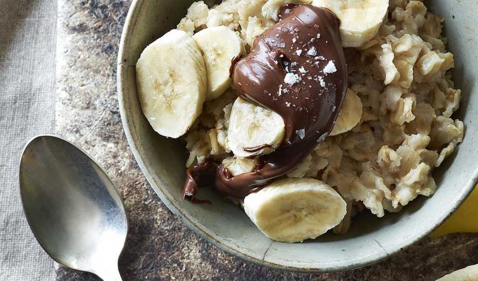 A close-up view of chocolate banana oatmeal in a bowl
