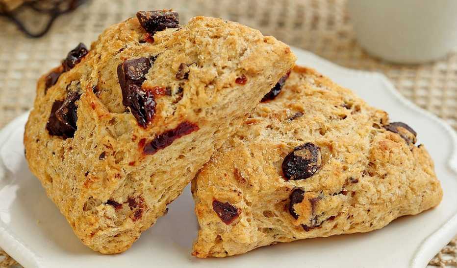 Chocolate-cherry scones A close-up view of chocolate-cherry scones on a plate