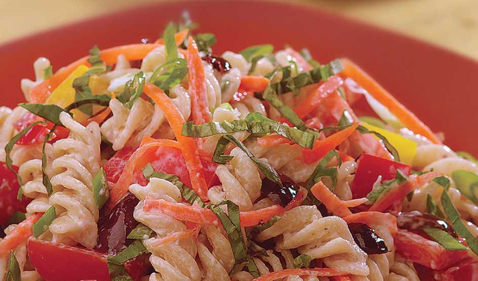Garden pasta salad A close-up view of garden pasta salad on a plate
