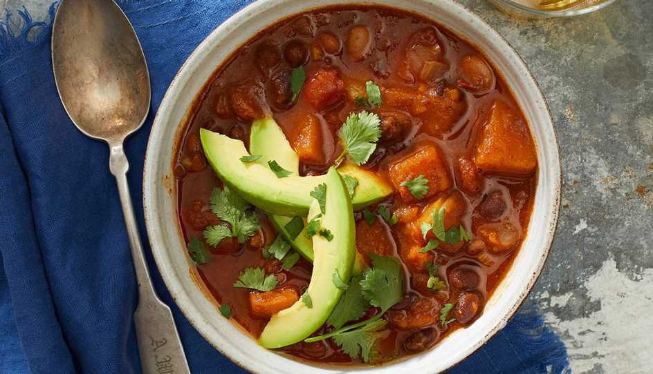 A close-up view of slow-cooker vegan chili in a bowl
