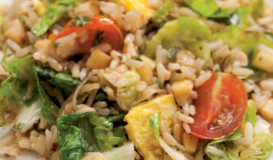 A close-up view of a farmers' market fried rice on a plate