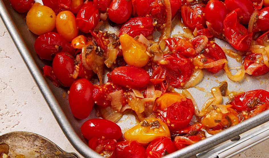 A close-up view of roasted cherry tomato and sage sauce