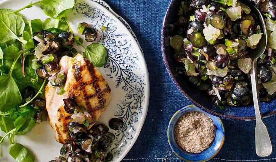 Grilled chicken with blueberry-lime salsa A close-up view of grilled chicken with blueberry-lime salsa