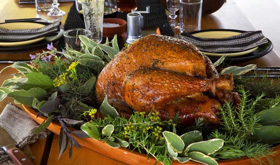 A close-up view of herb-roasted turkey with calvados gravy