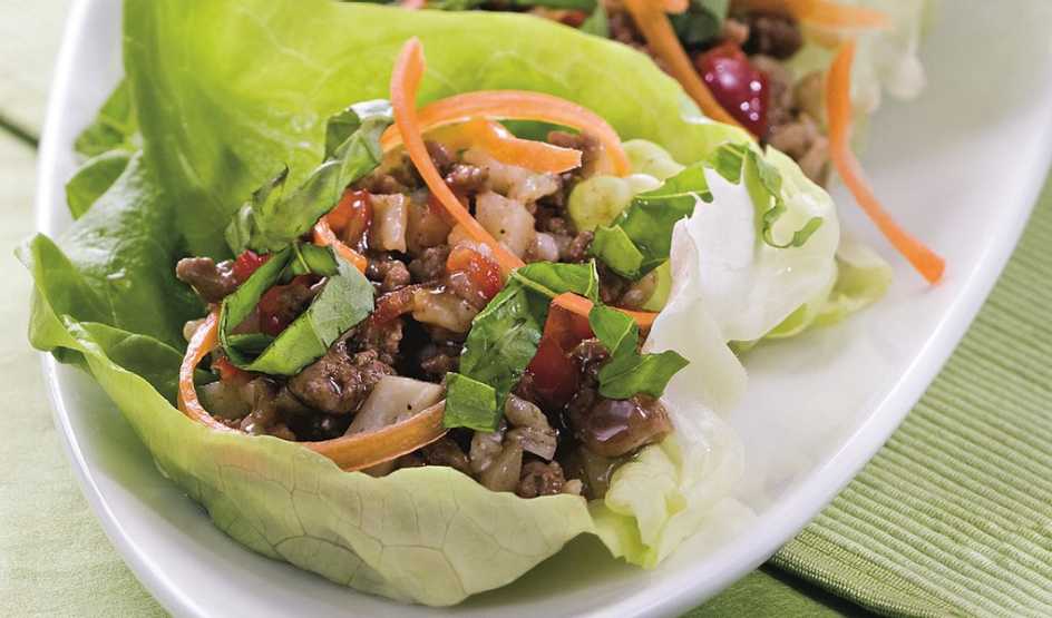 A close-up view of five-spice turkey and lettuce wraps on a plate