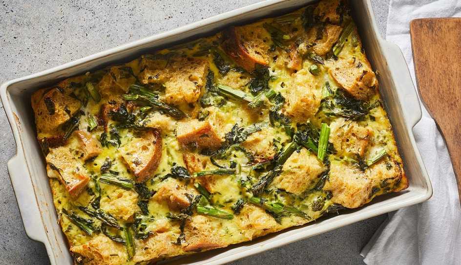 A close-up view of vegetarian spring egg casserole in a pan